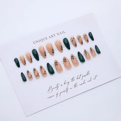 LPOODDNU almond nails dark green with leaf accents for quick lift