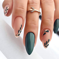 LPOODDNU almond press-on nails dark green leaves for quick salon-style manicure