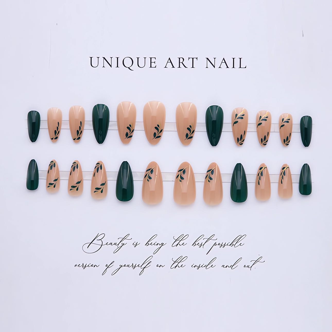 LPOODDNU glossy dark green nails with leaf pattern for chic everyday wear