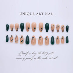 LPOODDNU glossy dark green nails with leaf pattern for chic everyday wear