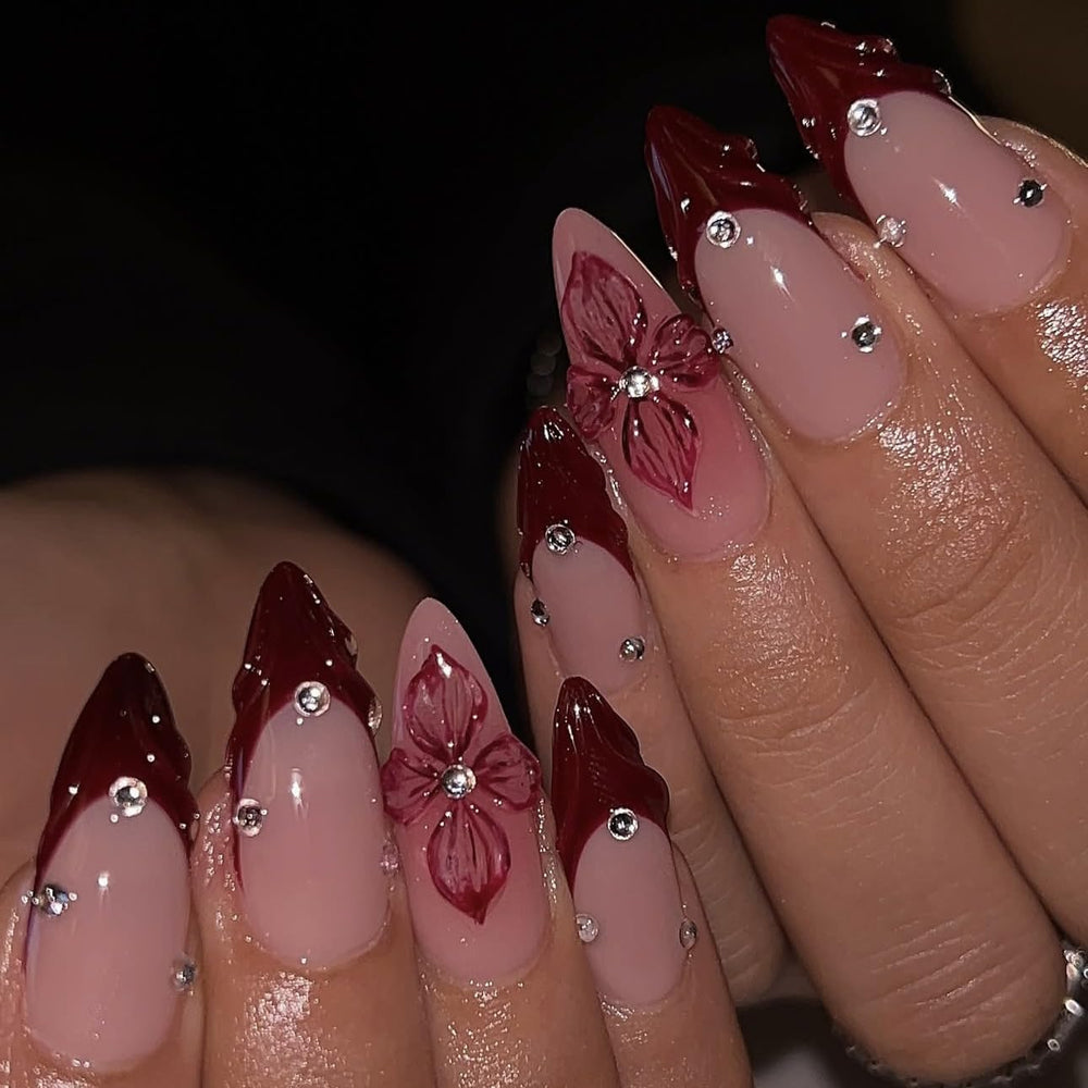 LPOODDNU Glossy 3D crystal designs on almond nails for special events