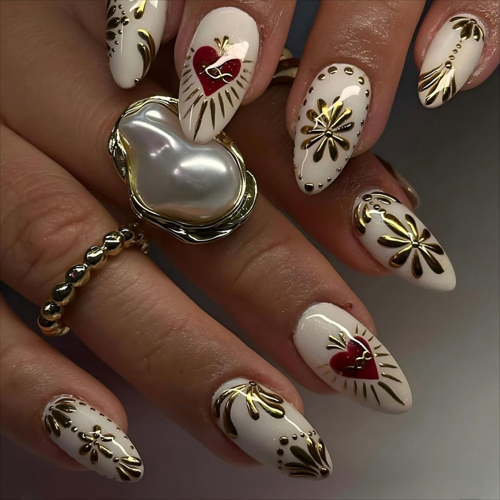 LPOODDNU gold flower design nails perfect for weddings or festive events.