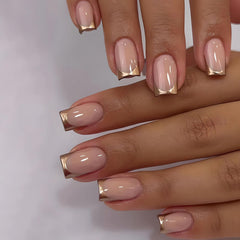 LPOODDNU gold French tip press-on nails in medium square for quick manicure.