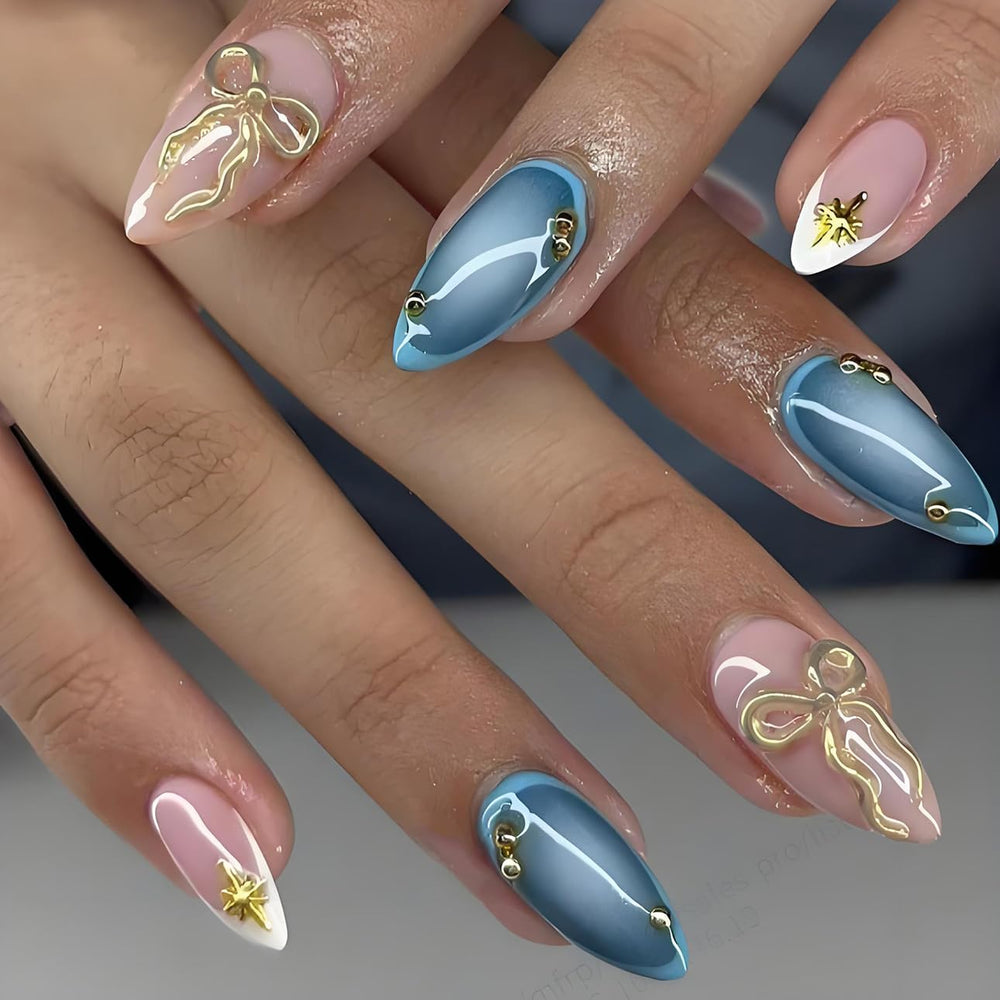 LPOODDNU medium blue almond nails with French tip designs for chic everyday wear.