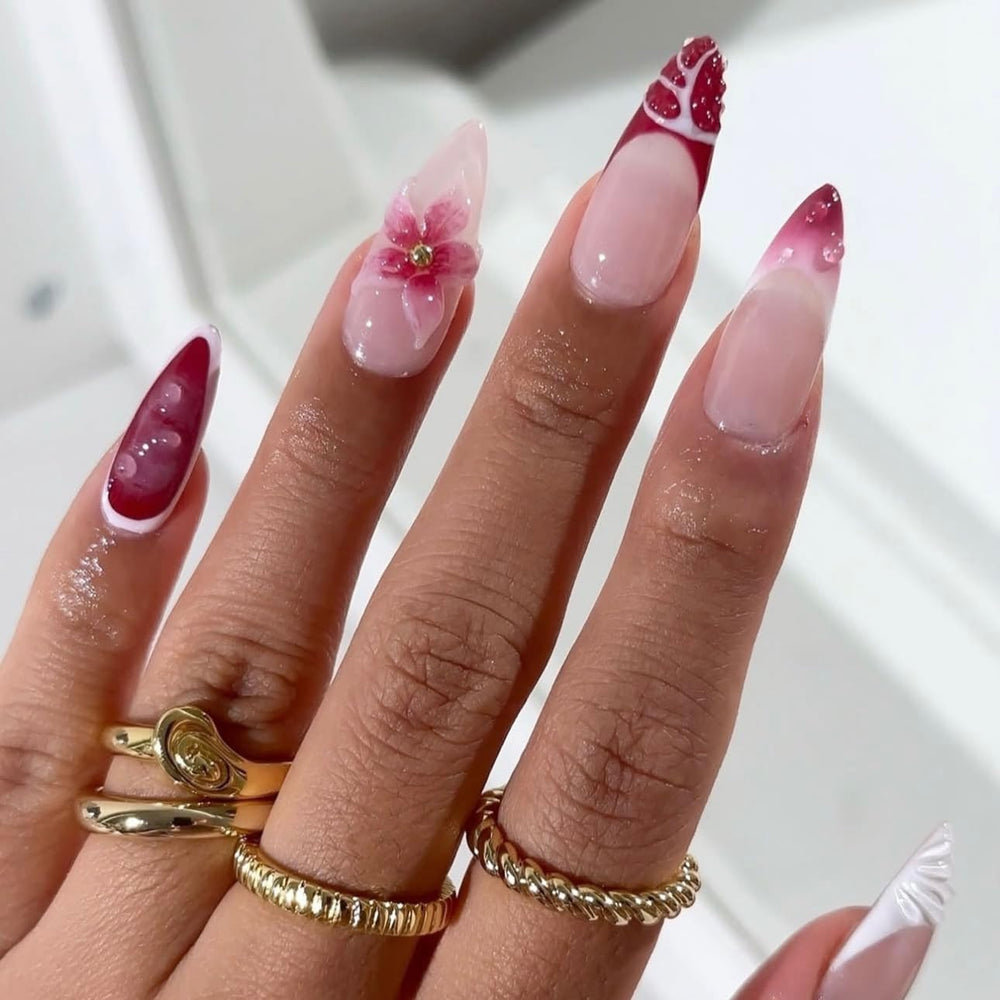 LPOODDNU red French tip almond nails with pearls deliver chic salon vibes at home