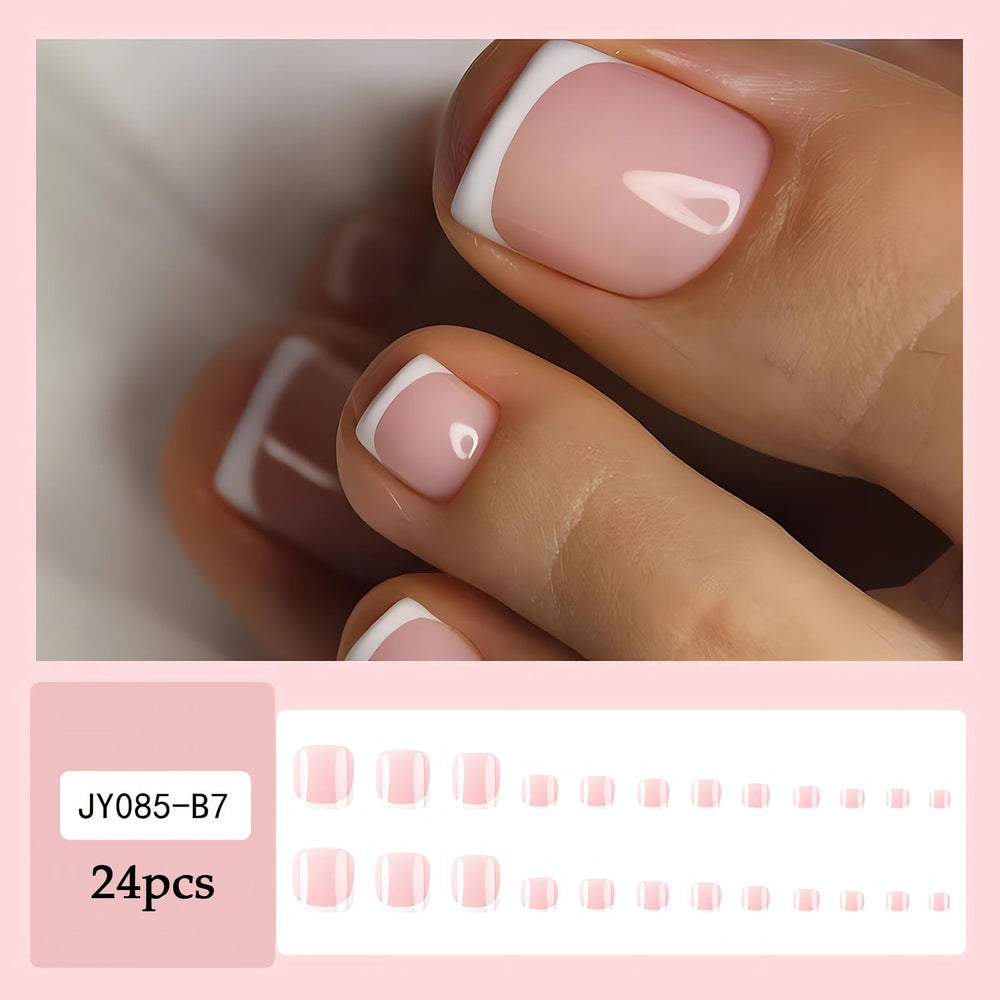 LPOODDNU Short square pink and white toe nails for quick pedicures.