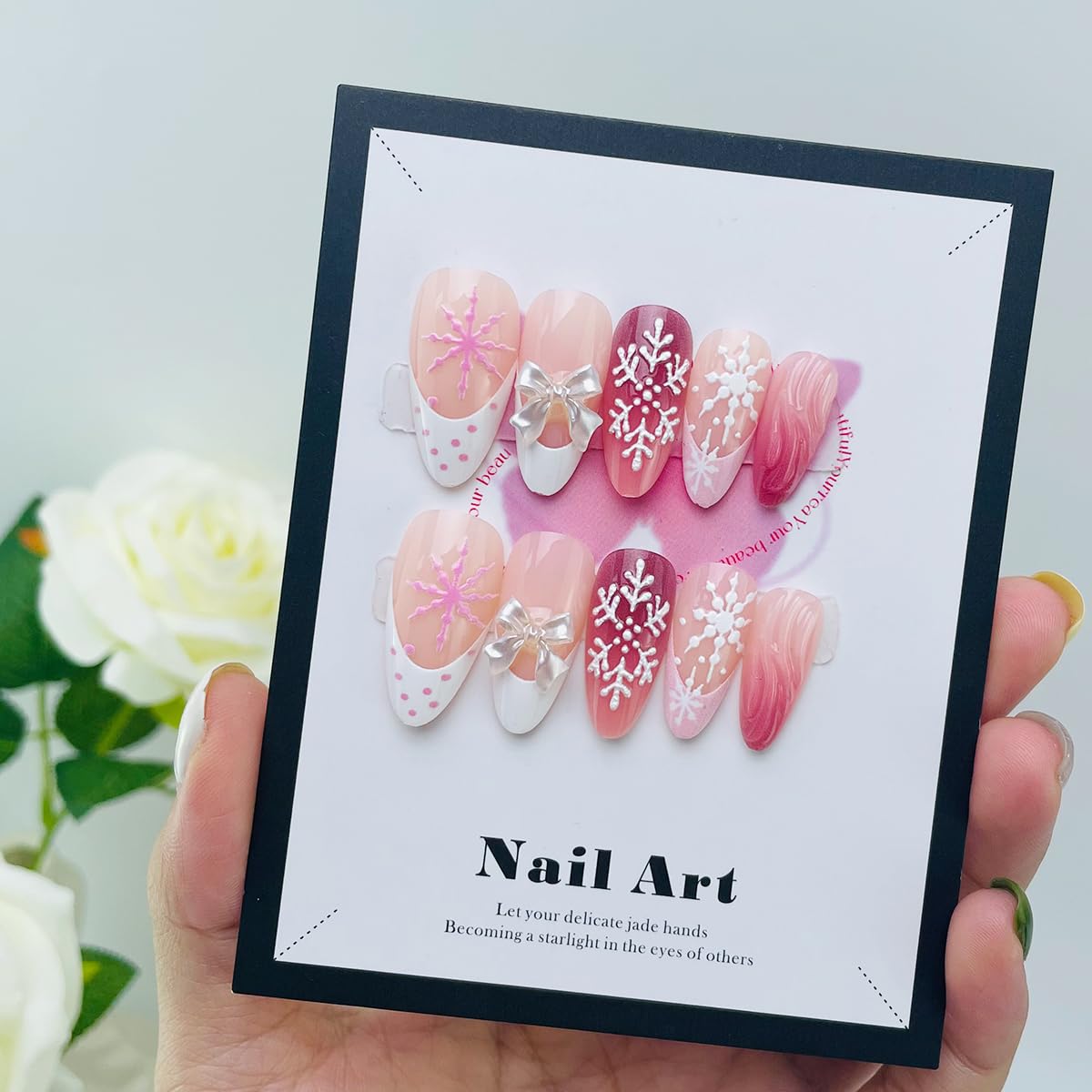 LRKNNO white French tip nails create a clean winter look for parties.
