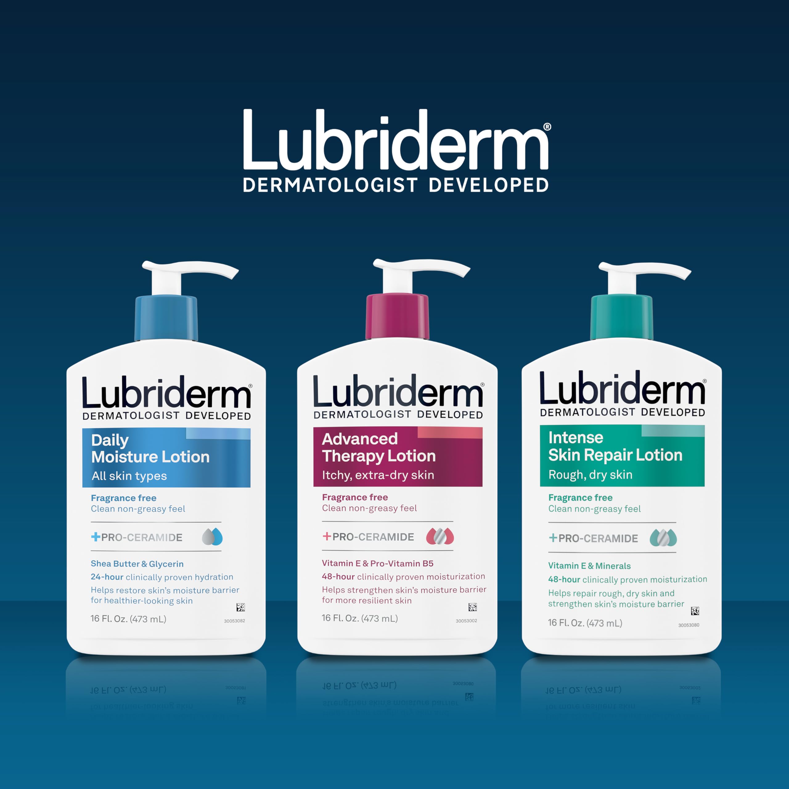 Lubriderm Advanced Therapy fragrance-free bottle shown on leg for targeted hydration.