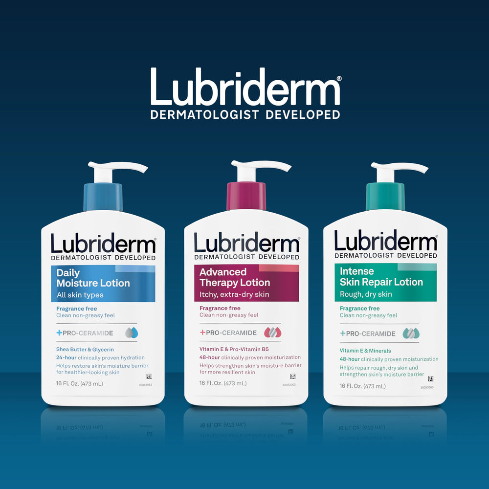 Lubriderm Advanced Therapy fragrance-free bottle shown on leg for targeted hydration.