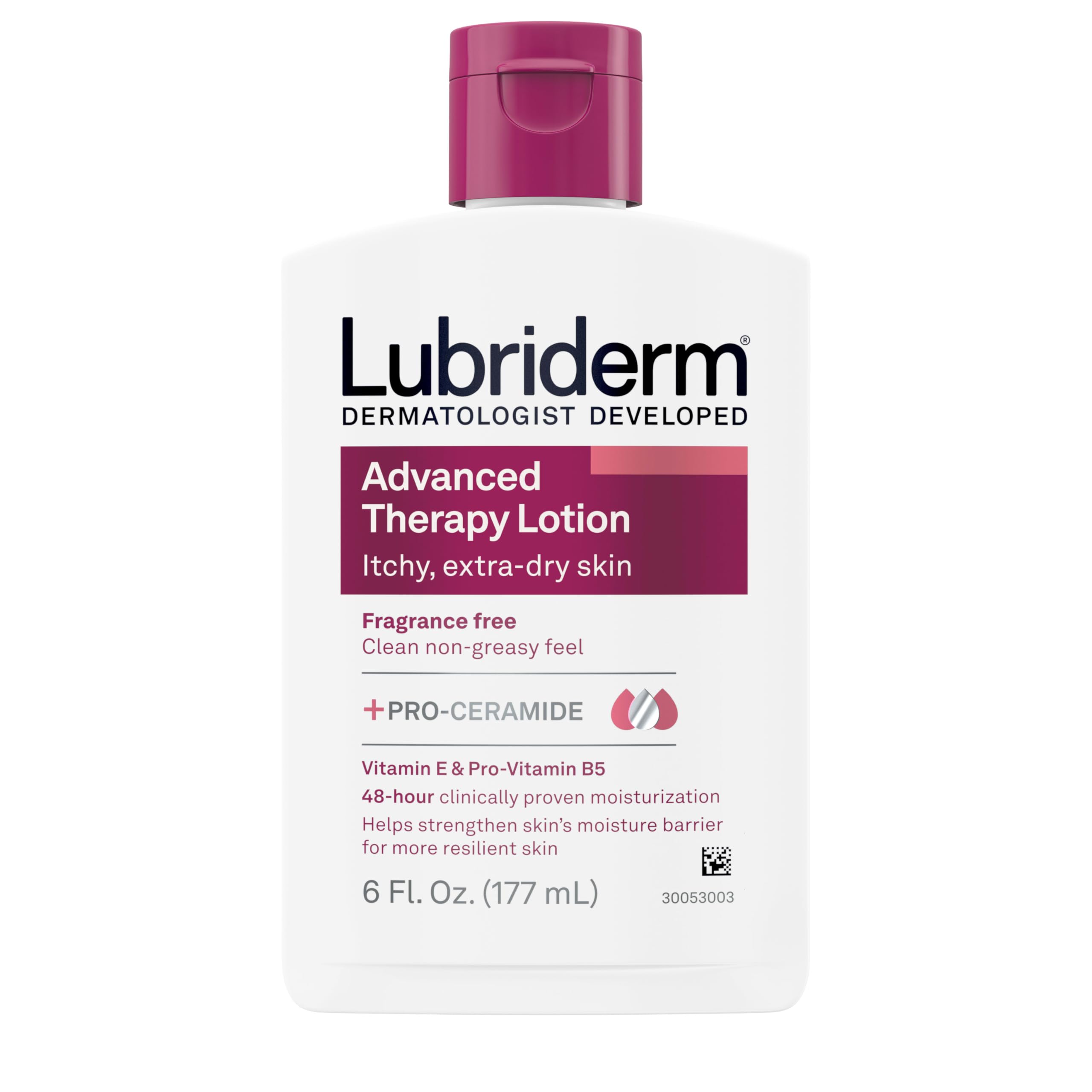 Lubriderm Advanced Therapy fragrance-free lotion bottle for daily non-greasy hydration