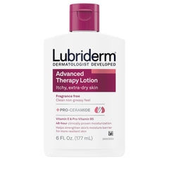 Lubriderm Advanced Therapy fragrance-free lotion bottle for daily non-greasy hydration