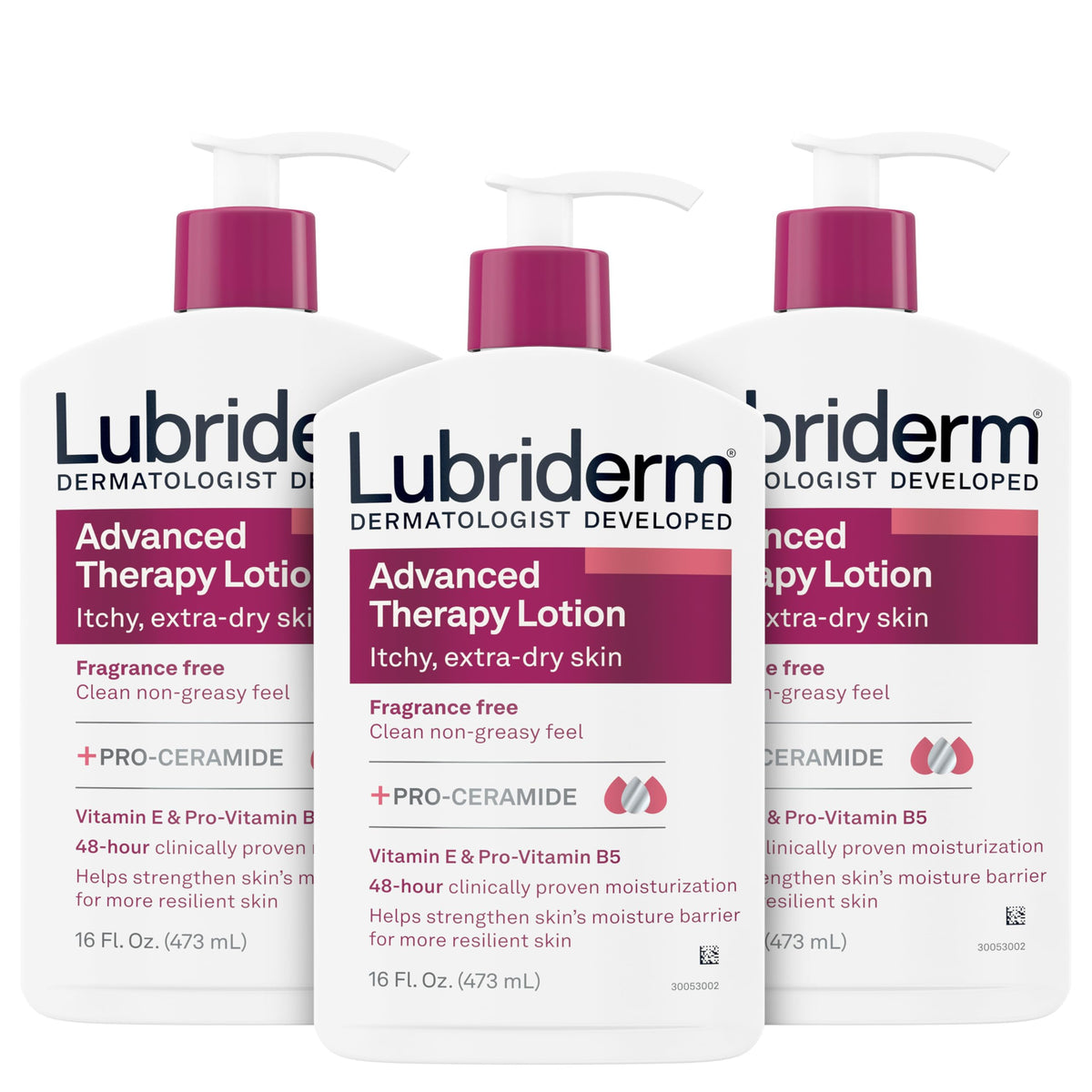 Lubriderm Advanced Therapy fragrance-free lotion pack shot showing triple bottles for extra-dry skin hydration.
