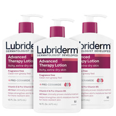 Lubriderm Advanced Therapy fragrance-free lotion pack shot showing triple bottles for extra-dry skin hydration.