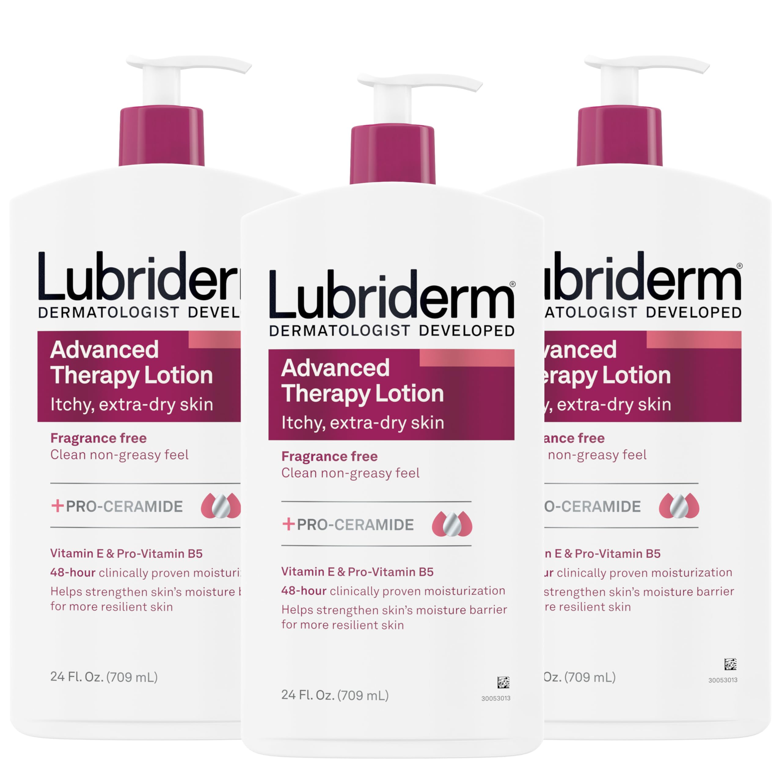 Lubriderm Advanced Therapy fragrance-free pack of three bottles provides everyday hydration for extra-dry skin.