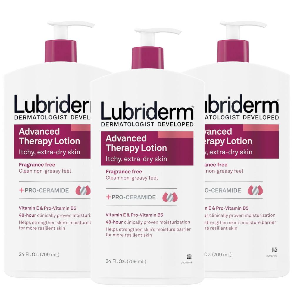 Lubriderm Advanced Therapy fragrance-free pack of three bottles provides everyday hydration for extra-dry skin.