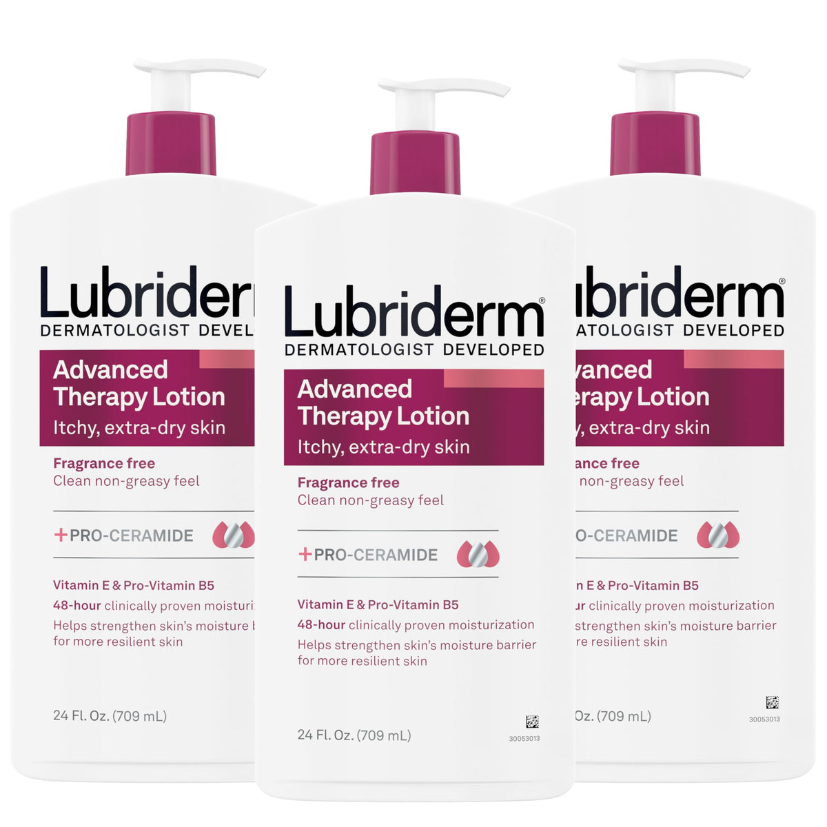 Lubriderm Advanced Therapy fragrance-free pack of three bottles provides everyday hydration for extra-dry skin.