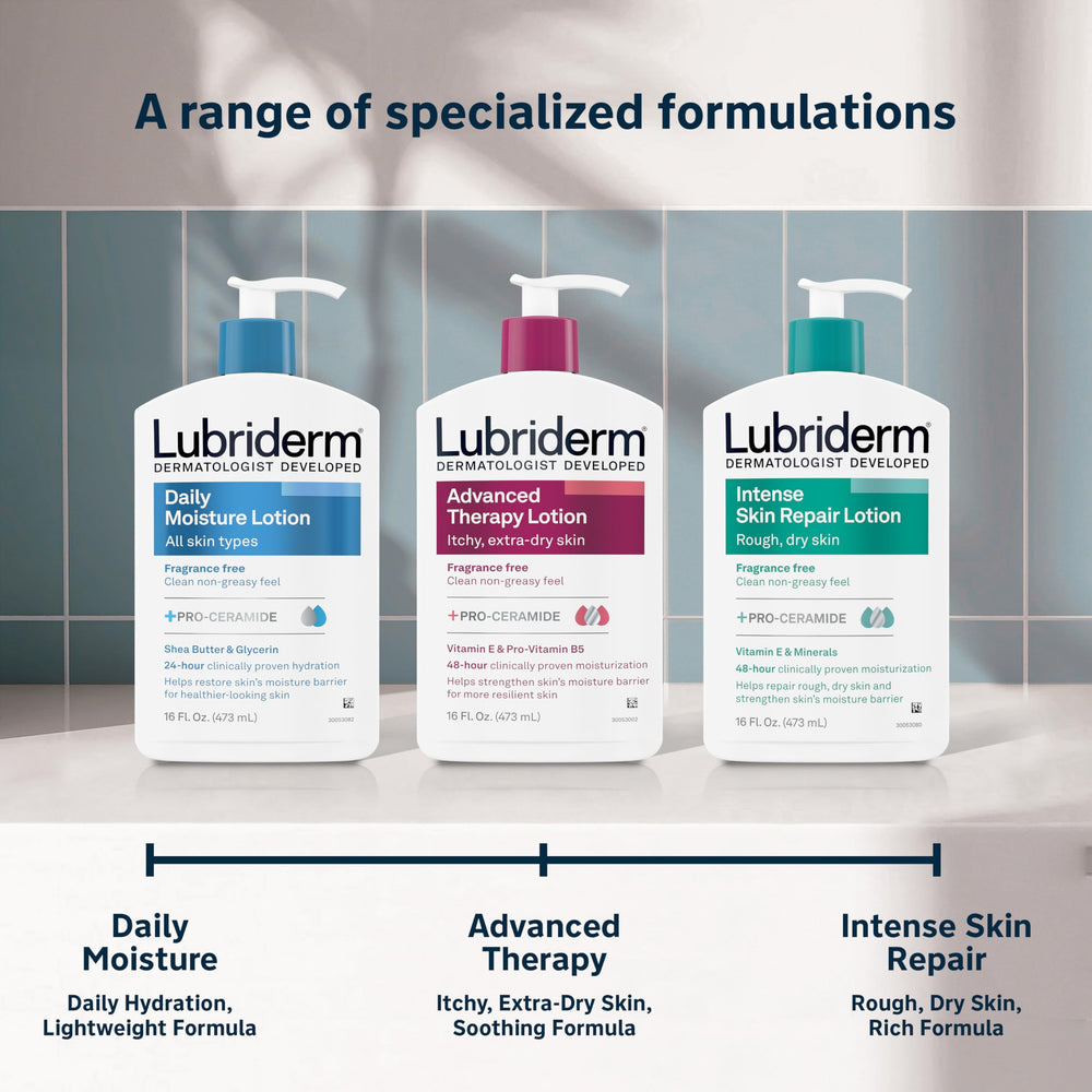 Lubriderm Advanced Therapy fragrance-free Pro-Ceramide bottle signals barrier-supporting formula.