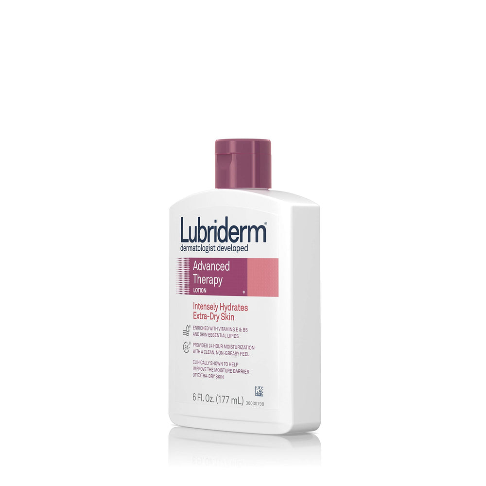 Lubriderm Advanced Therapy lotion bottle cap indicating freshness and protection.
