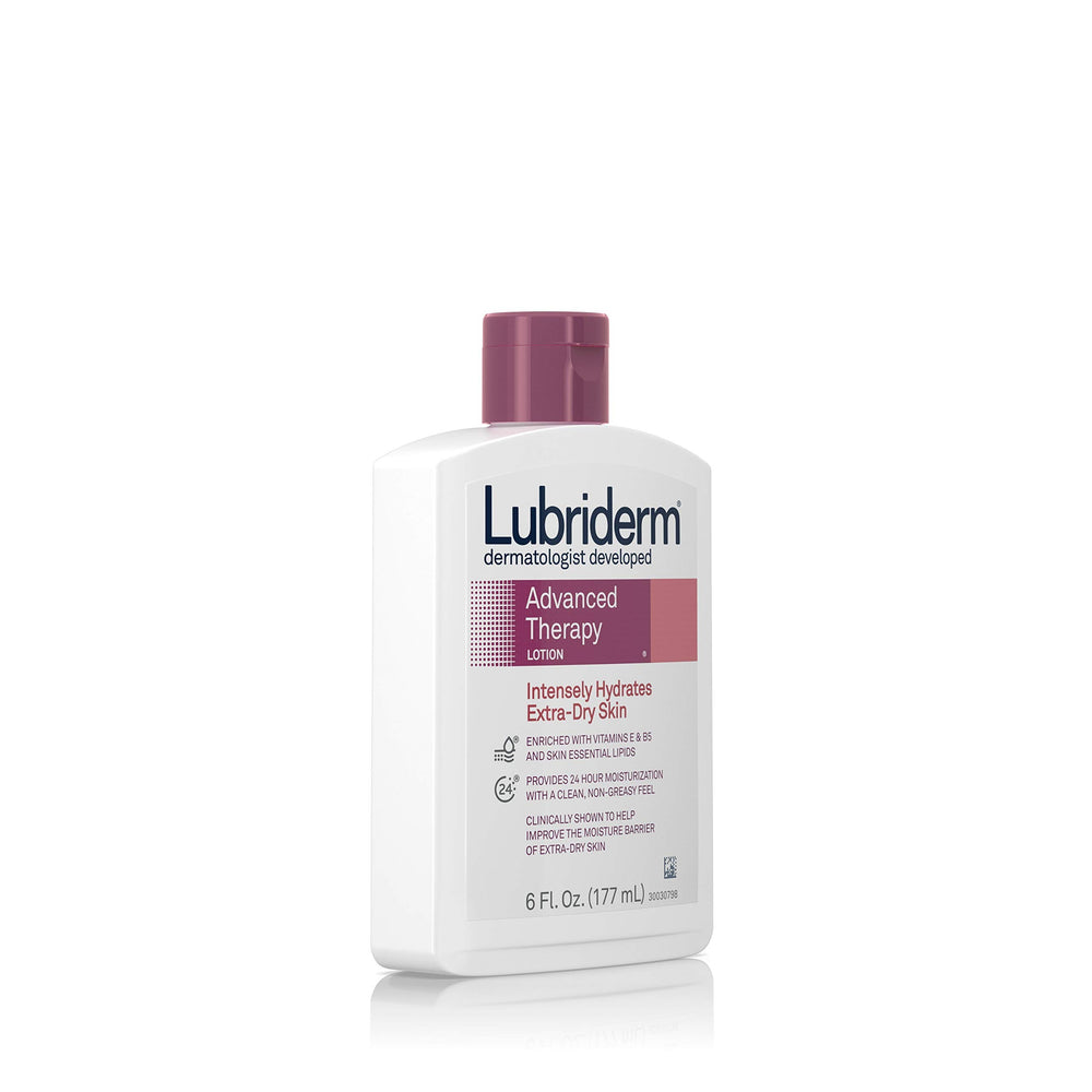 Close-up of Lubriderm Advanced Therapy lotion texture with creamy, non-greasy finish.