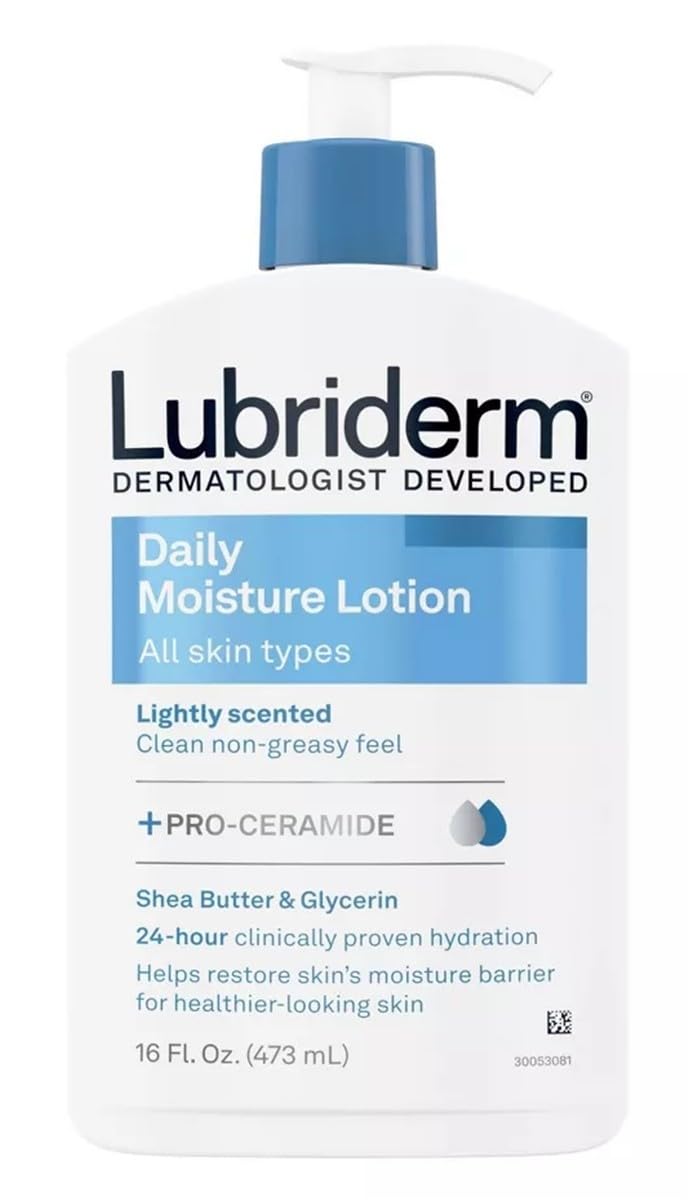 Lubriderm Daily Moisture bottle pouring lotion for long-lasting hydration.