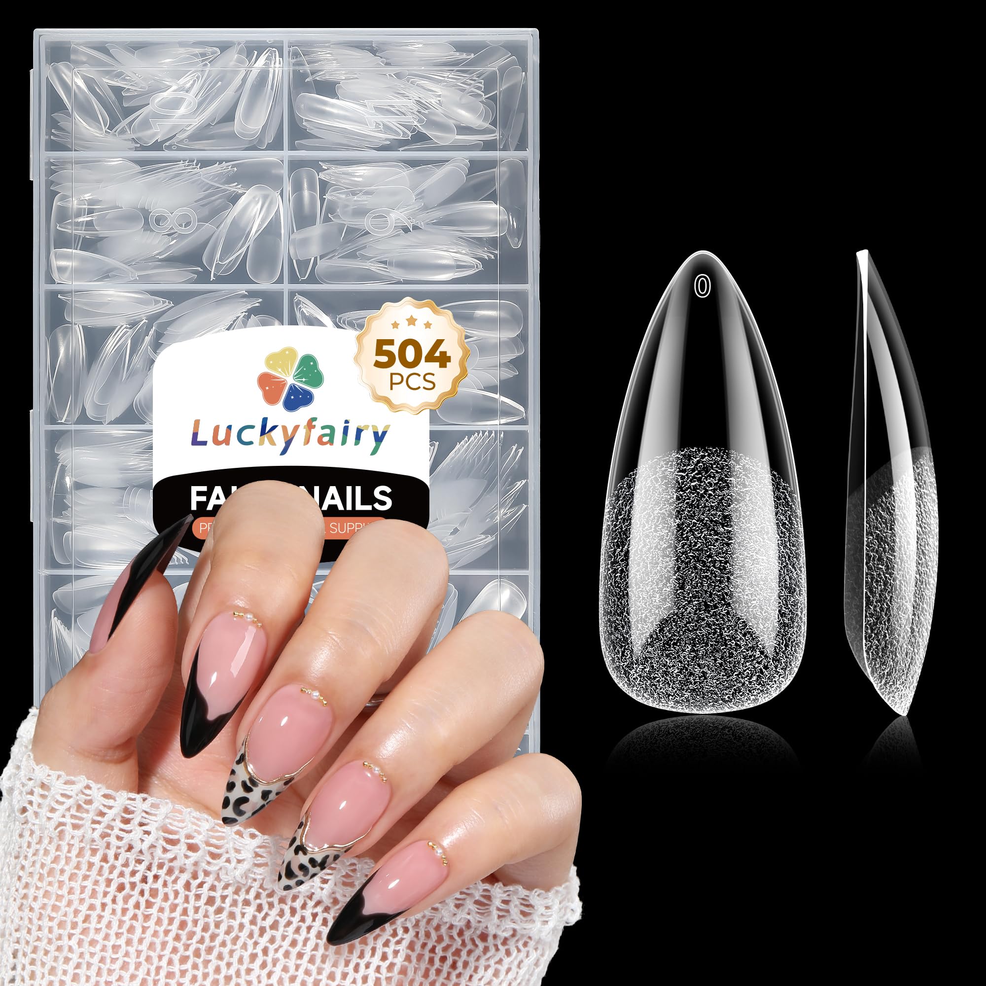 Luckyfairy long almond nail tips in packaging, ideal for at-home extensions and quick manicures