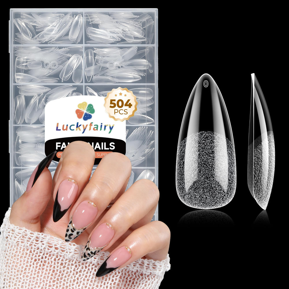 Luckyfairy long almond nail tips in packaging, ideal for at-home extensions and quick manicures