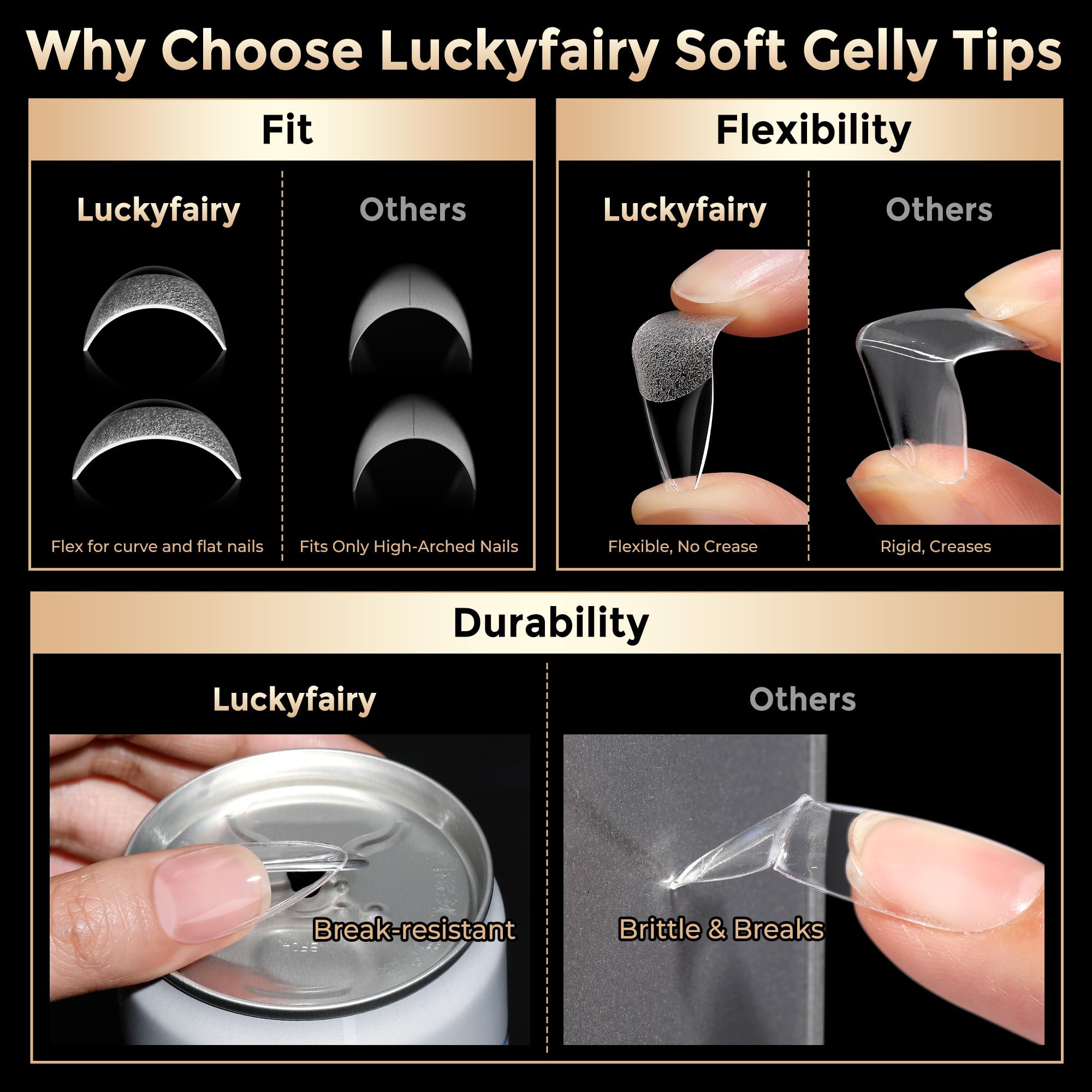 Luckyfairy soft gel nail tips, flexible and resistant to creasing for varied nail beds