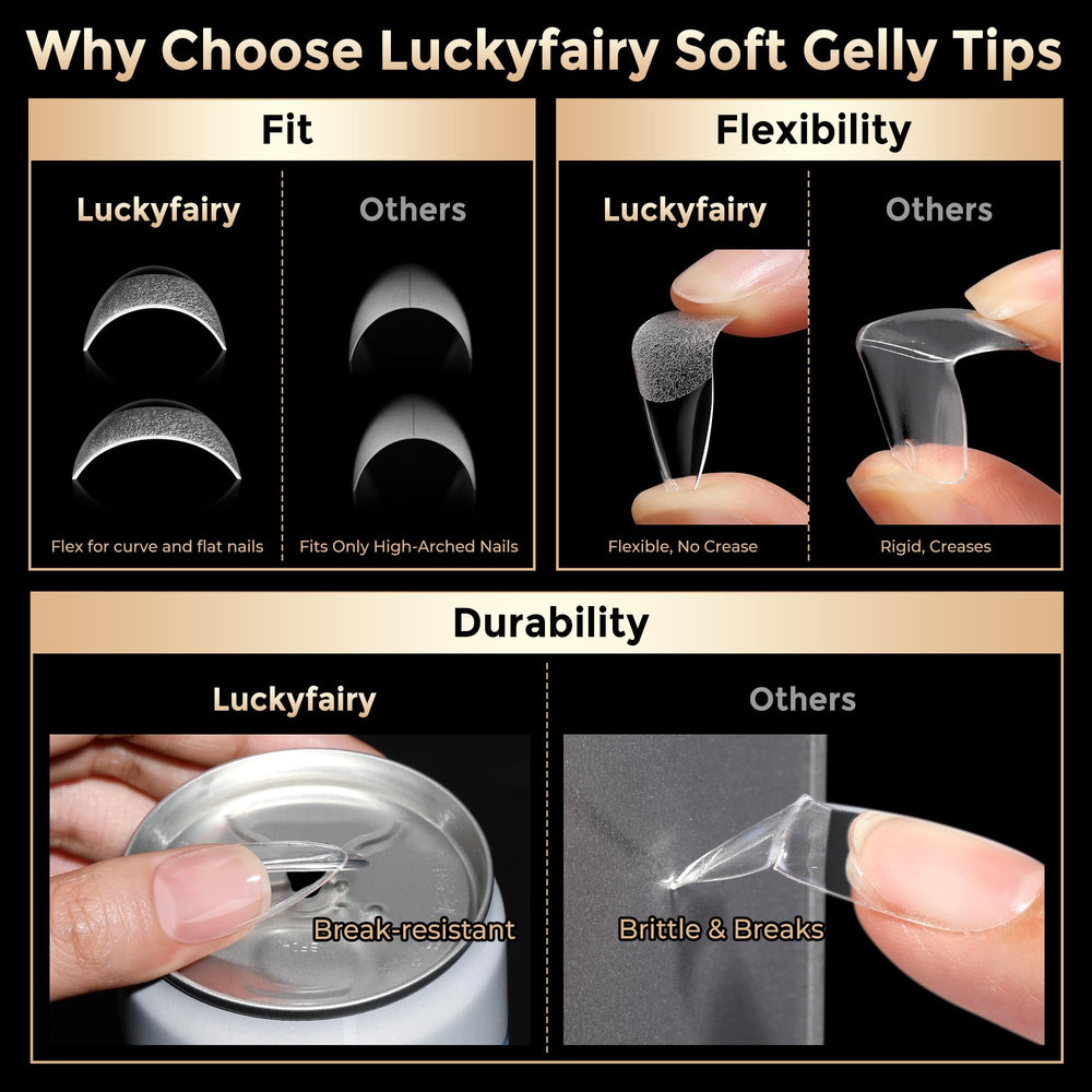Luckyfairy soft gel nail tips, flexible and resistant to creasing for varied nail beds