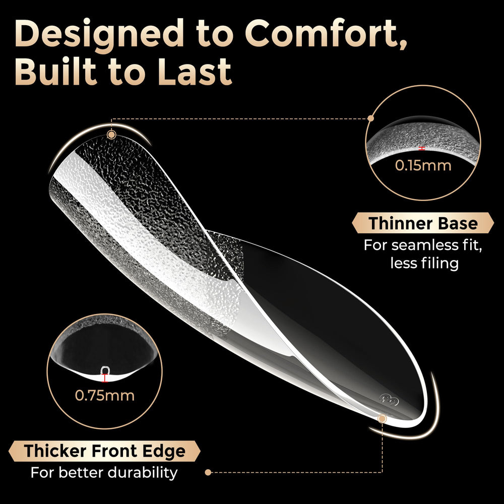 Luckyfairy tips with thin back edge and thick front edge for natural, comfortable fit