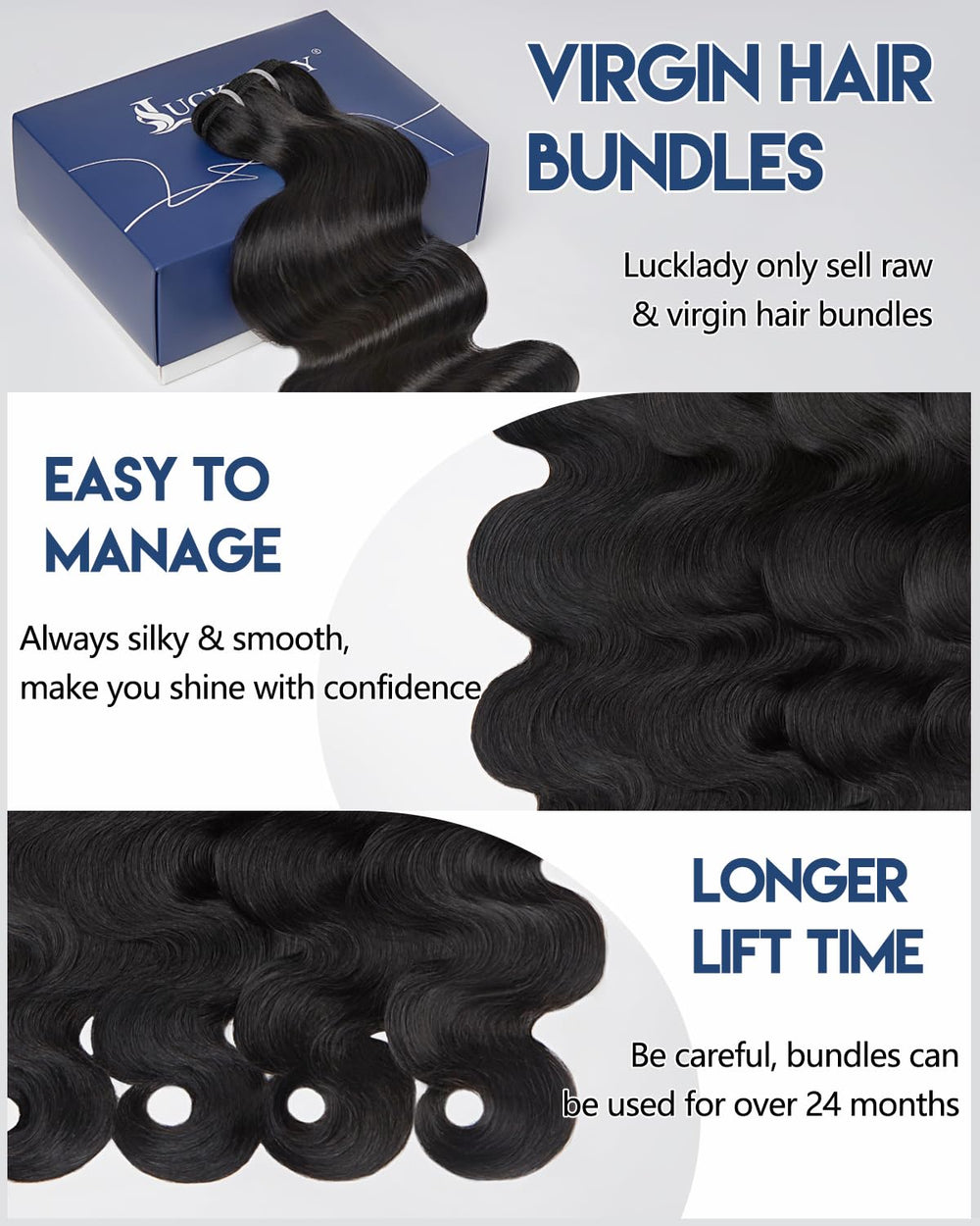 Lucklady 16A raw bundles body wave 20-inch top view shows even weft and full-volume look.