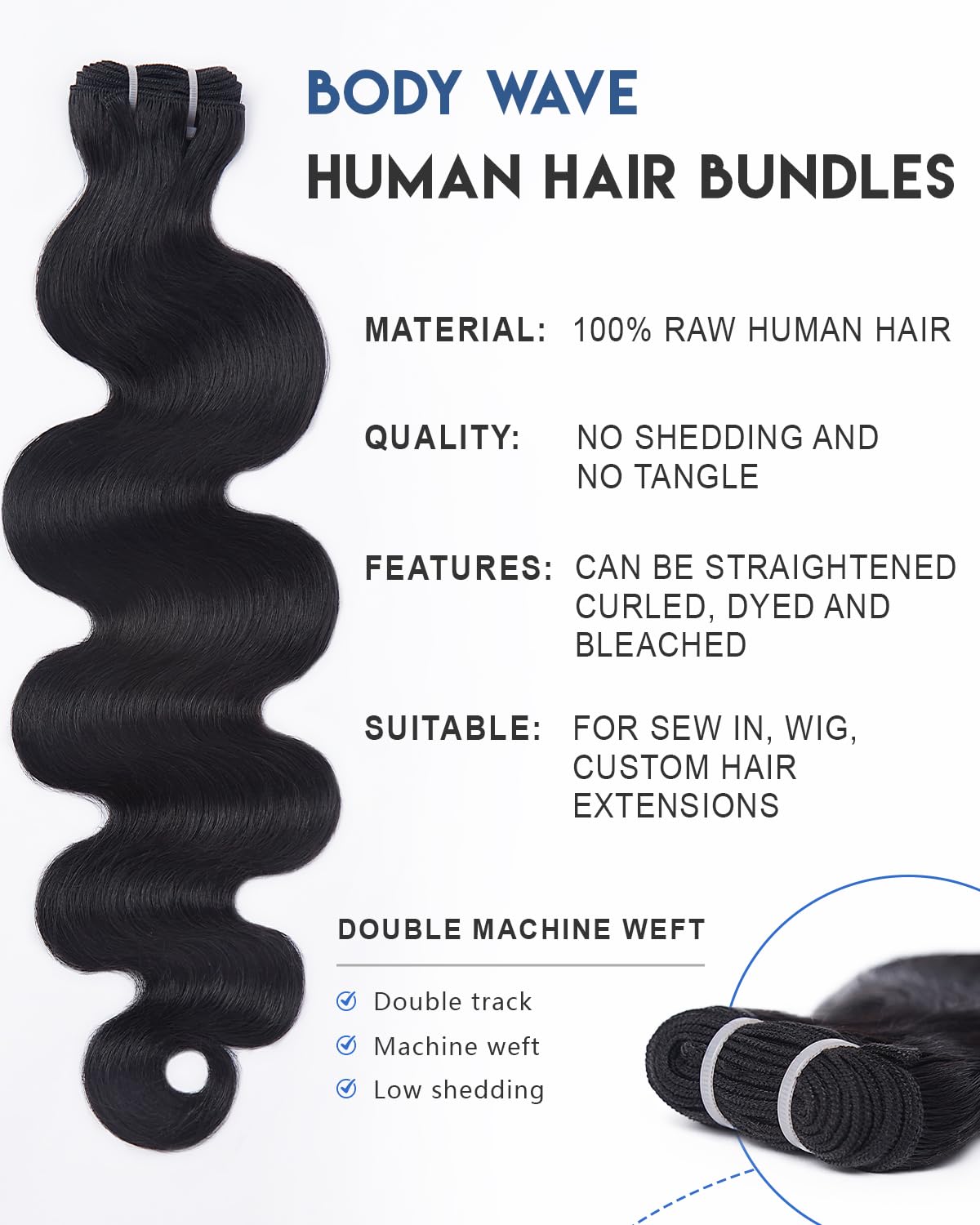 Lucklady 16A raw bundles body wave 22-inch weft-detail demonstrates durable construction and reliable styling.
