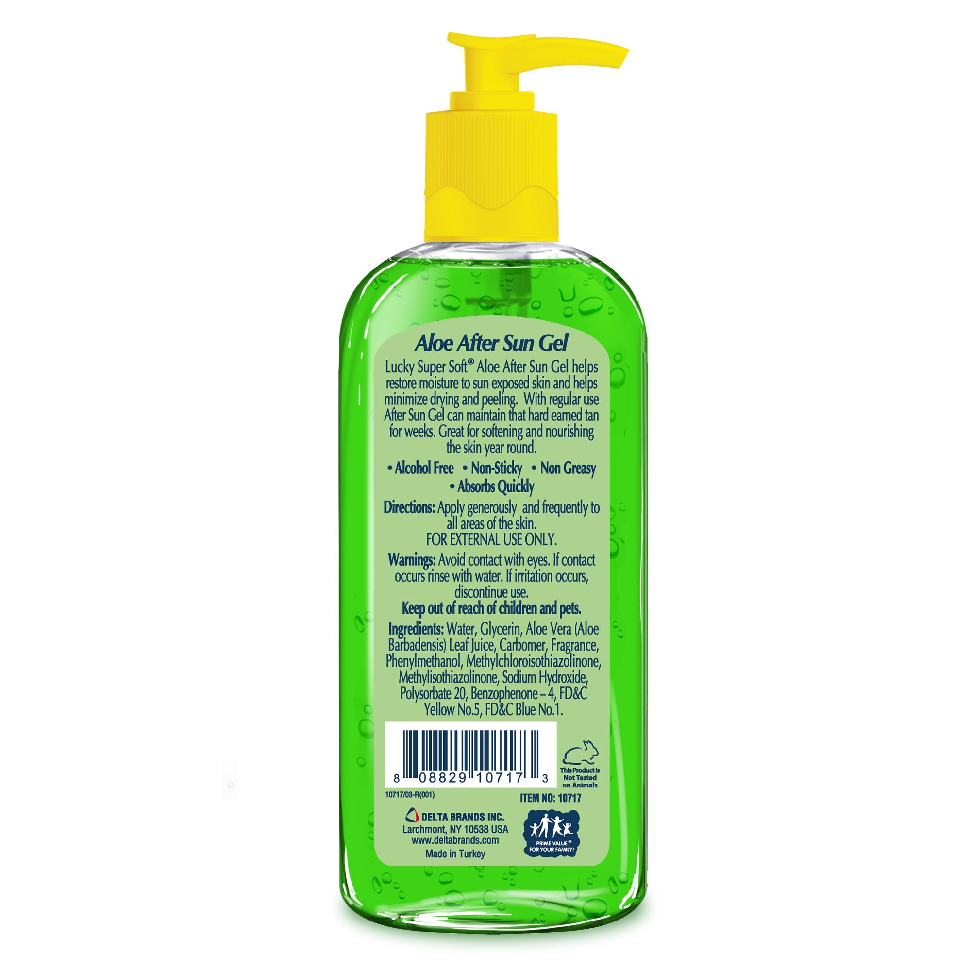 Lucky Super Soft Aloe Vera After Sun Gel back-label shown, alcohol-free formula to calm and hydrate skin.