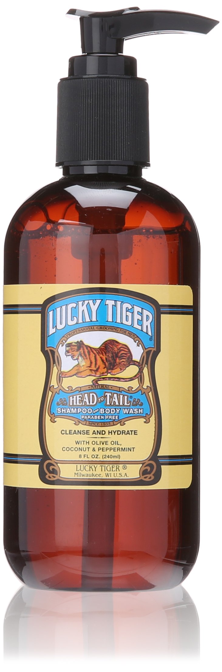 Lucky Tiger shampoo and body wash bottle, 8 oz, ready for a refreshing cleanse.