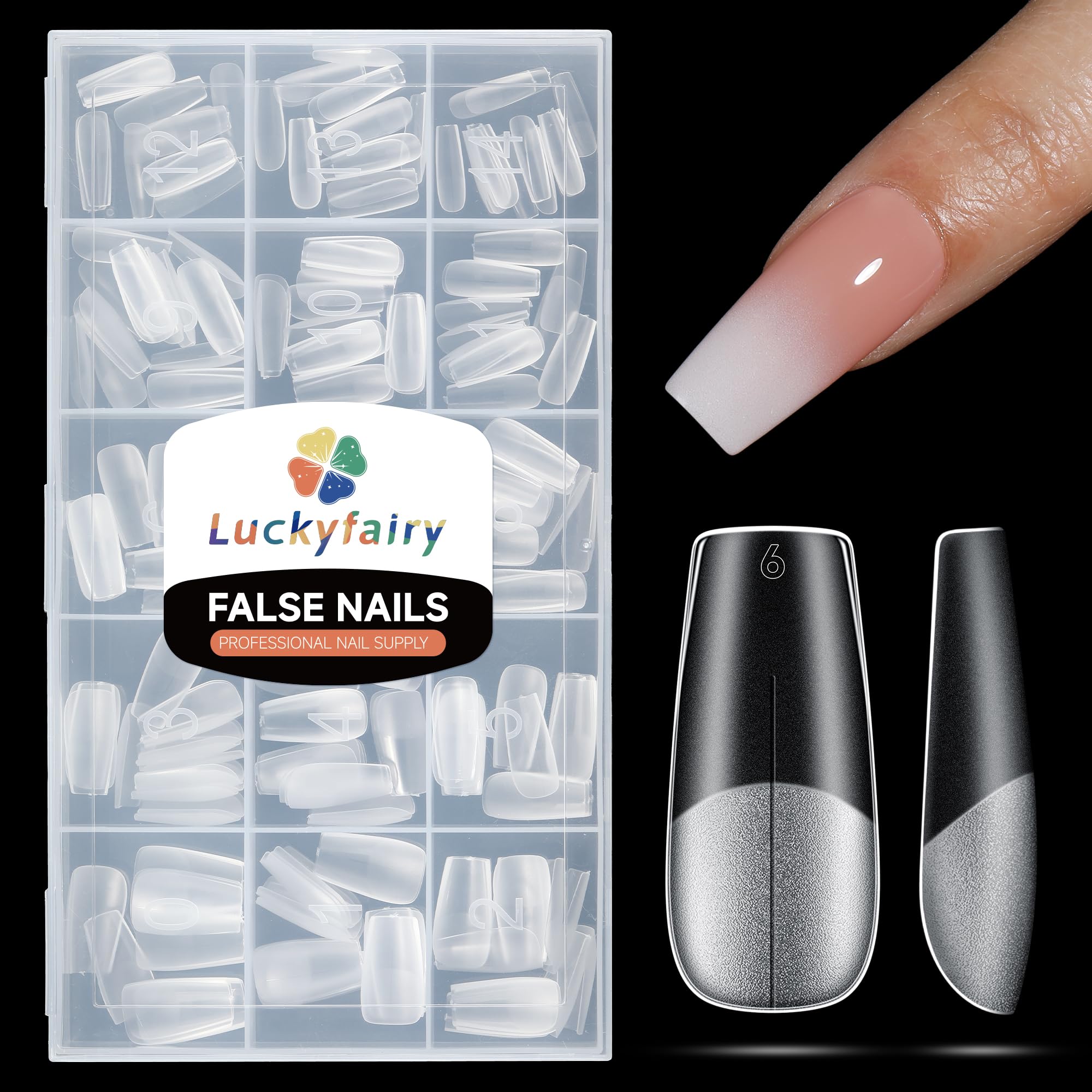 Luckyfairy medium coffin nail tips with double-sided matte finish for easy, mess-free prep.