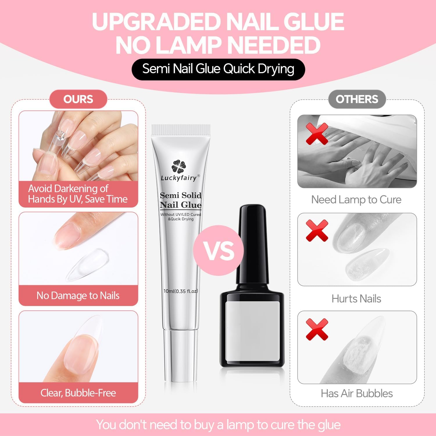 Luckyfairy nail glue demonstrating 30-second press for secure bonding.