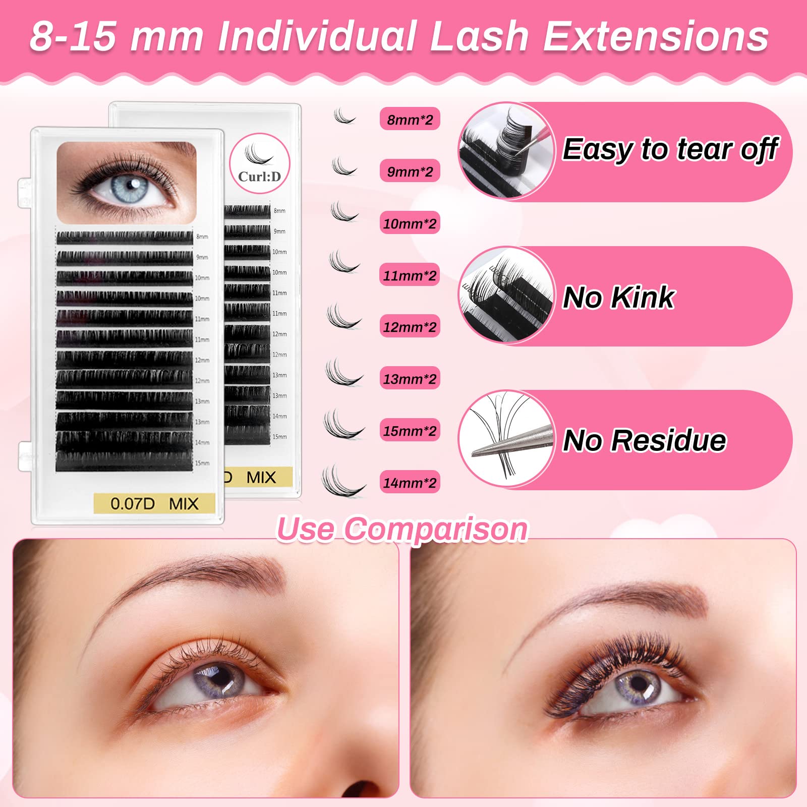 Lucomb eyelash extensions pack with 8 sizes for versatile practice sessions.