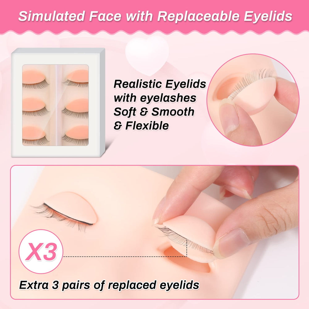 Lucomb kit with removable eyelids for repeatable lash practice sessions.