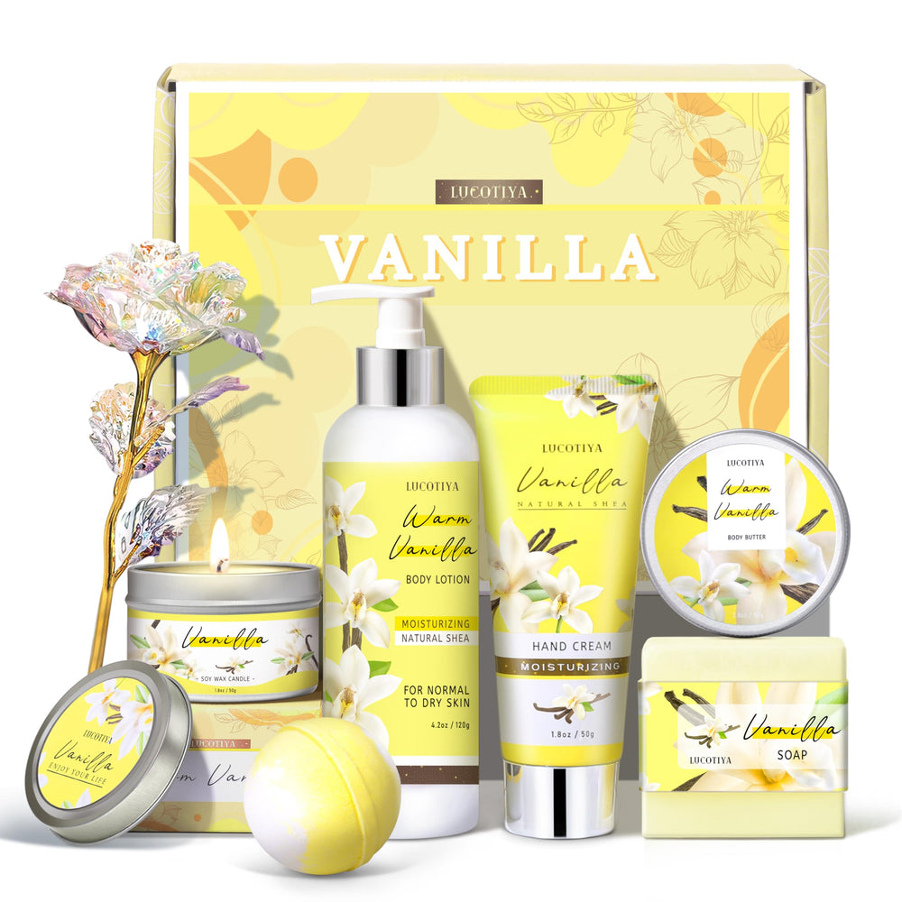 LUCOTIYA vanilla scented candle for a warm, spa-like mood.