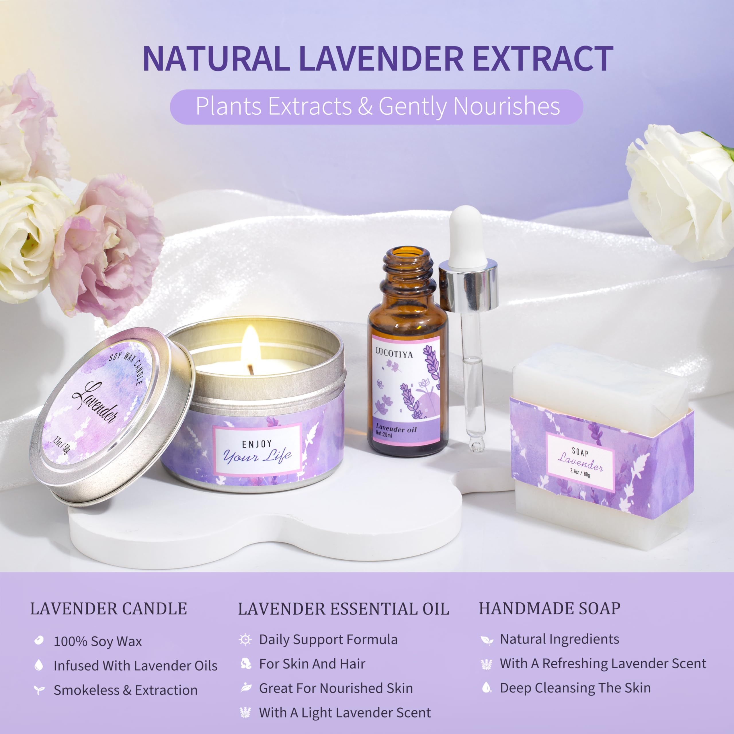 LUCOTIYA Lavender Candle fills room with tranquil lavender aroma.