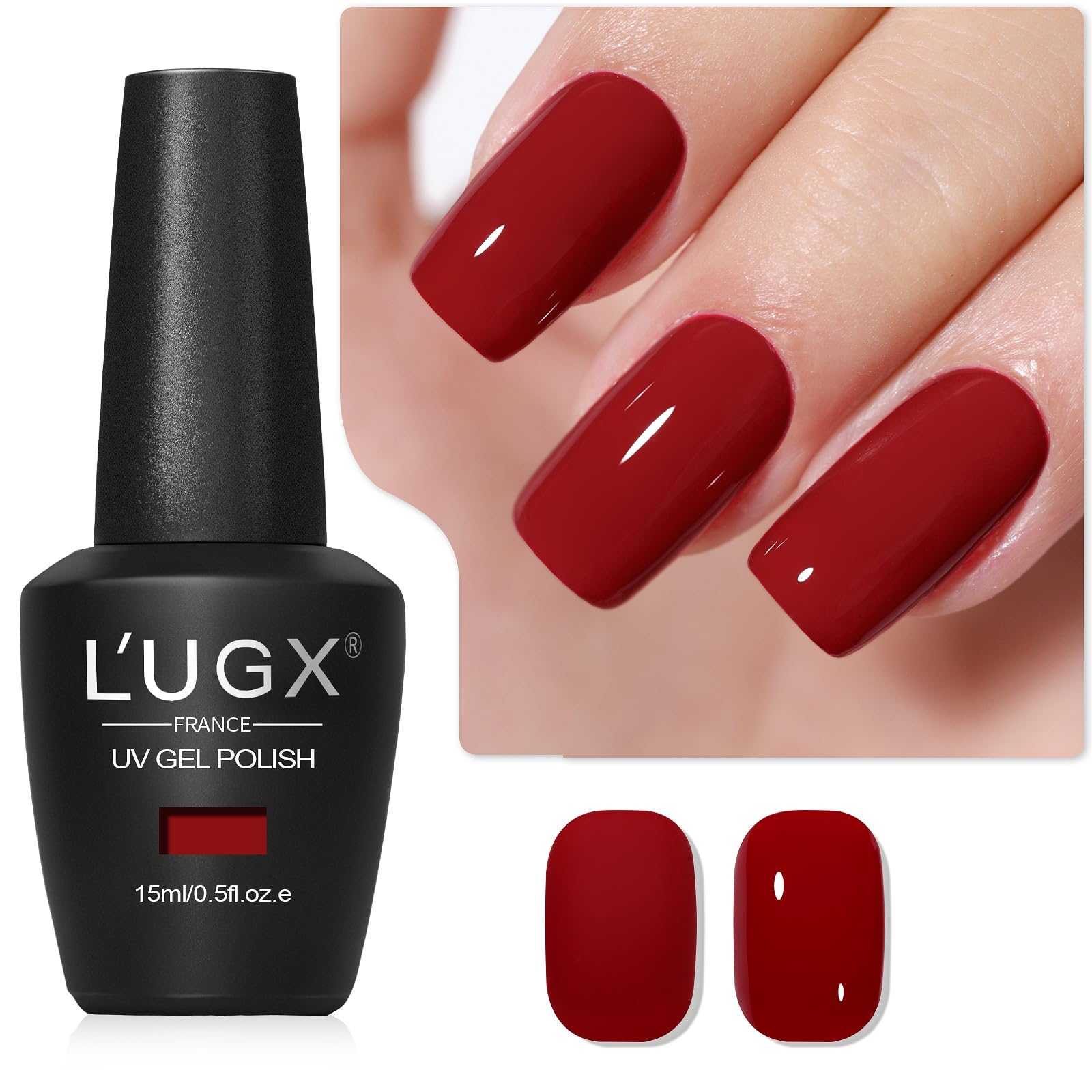 L'UGX Red Gel Nail Polish bottle in Christmas Cherry for vibrant color and durable shine.