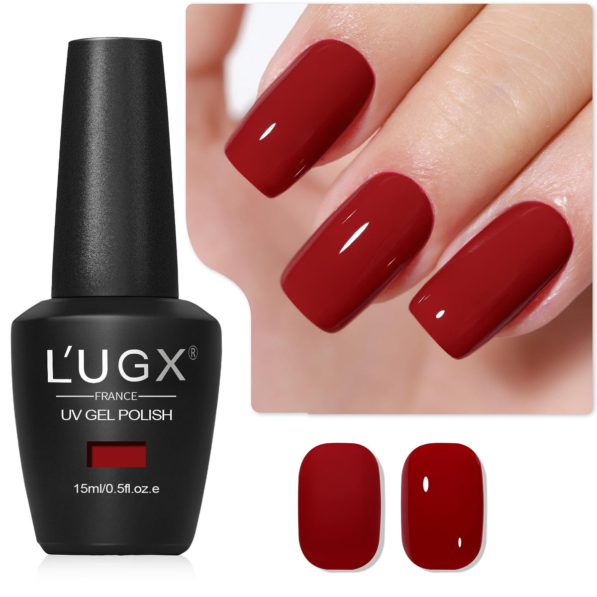 L'UGX Red Gel Nail Polish bottle in Christmas Cherry for vibrant color and durable shine.