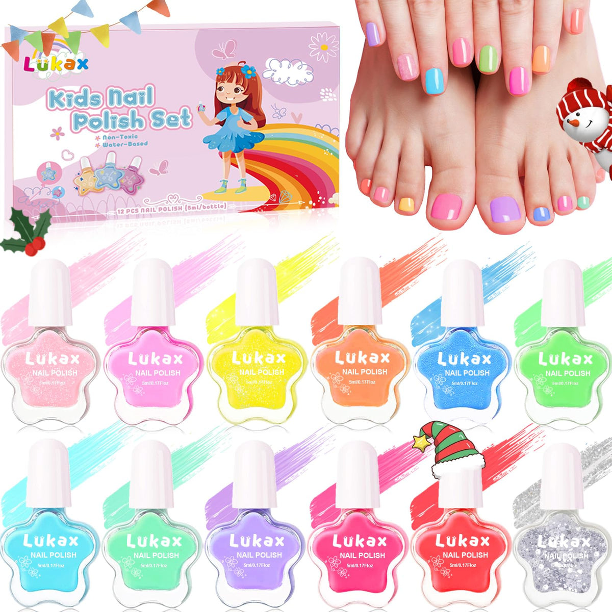 Lukax Kids Nail Polish Set with flower-shaped bottles for easy grip and playful art.