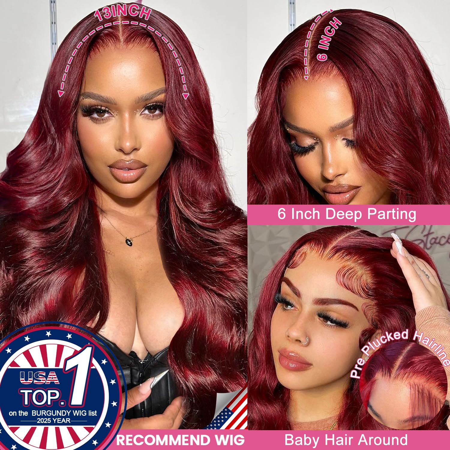 Lukymart Burgundy lace front wig with pre-plucked baby hairs for seamless first-day look.