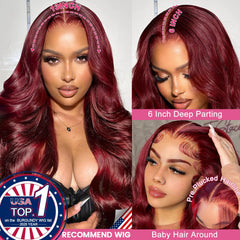 Lukymart Burgundy lace front wig with pre-plucked baby hairs for seamless first-day look.