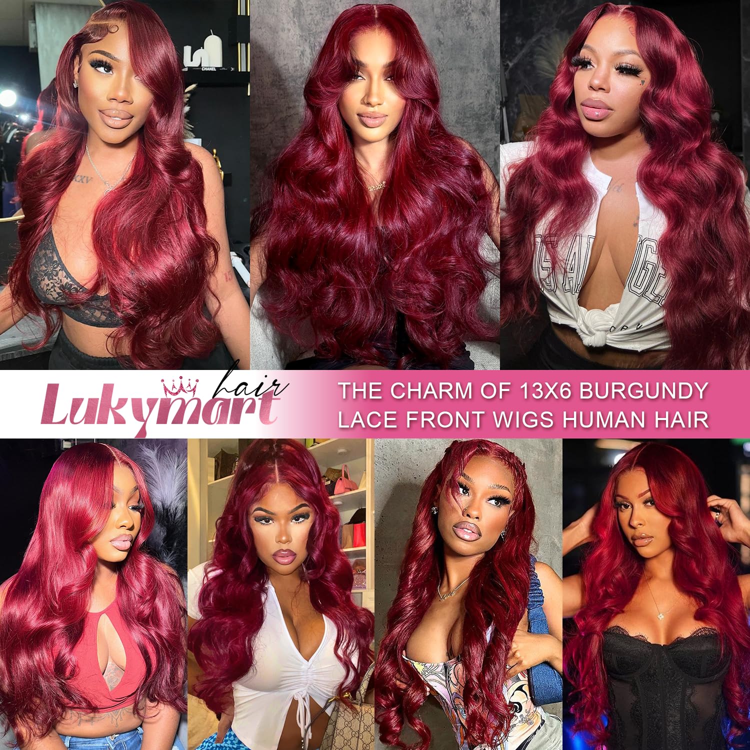 Lukymart Burgundy wig ideal for parties and weddings with elegant styling possibilities.