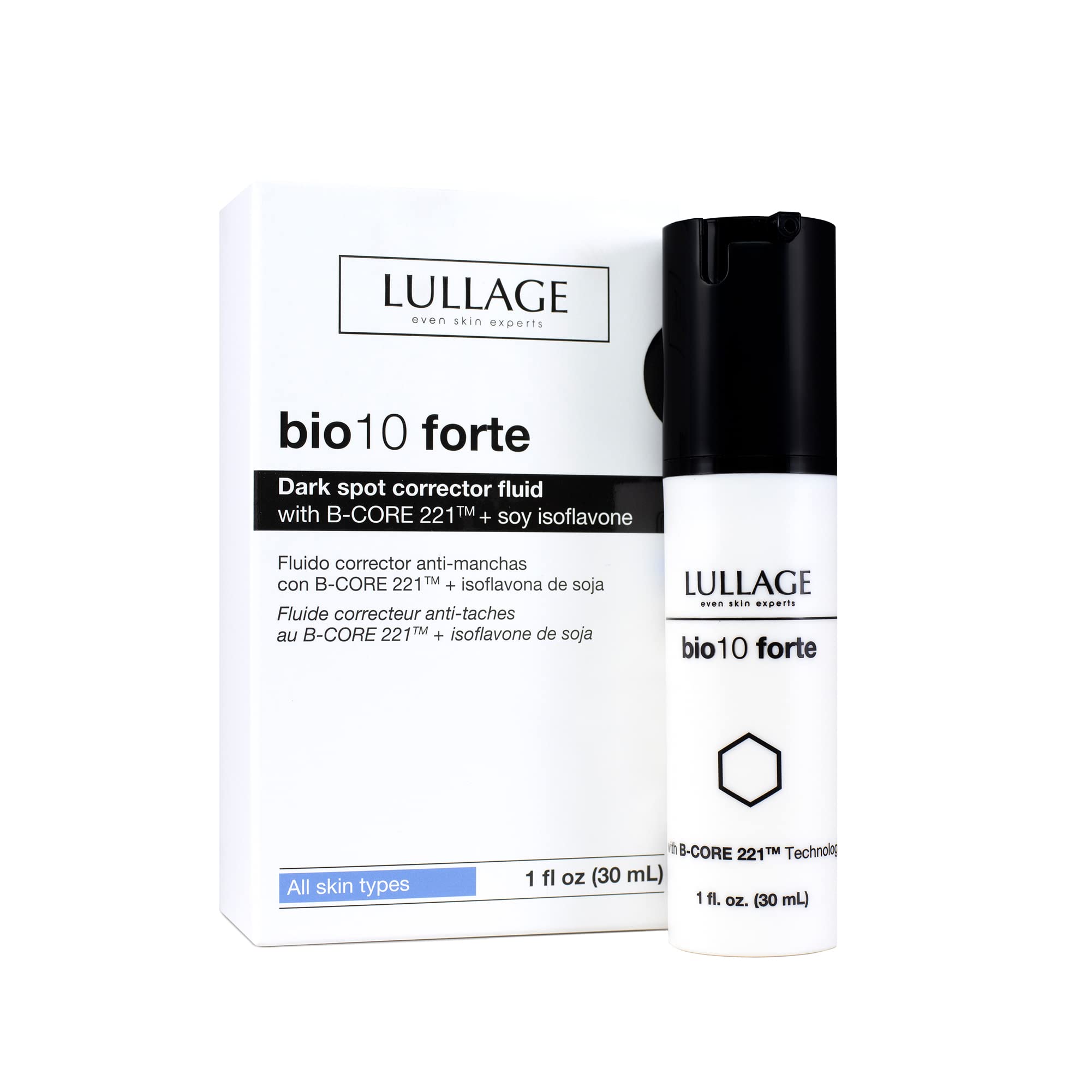 LULLAGE bio10 forte dark-spot-fluid bottle targets discoloration for a more even complexion.