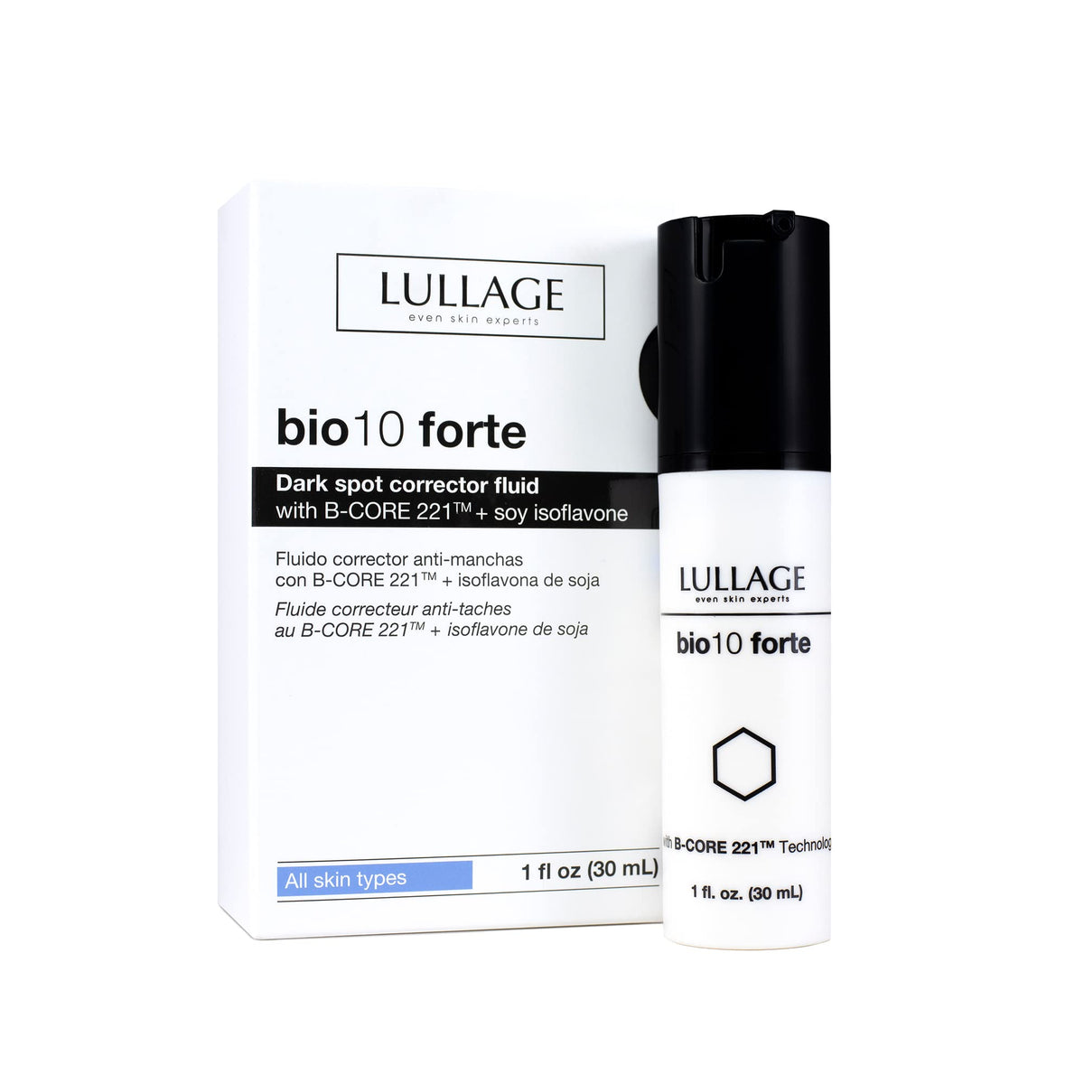 LULLAGE bio10 forte dark-spot-fluid bottle targets discoloration for a more even complexion.