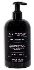 Lulu Candles Lemon & Vanilla Bean lotion bottle delivering hydration for dry skin