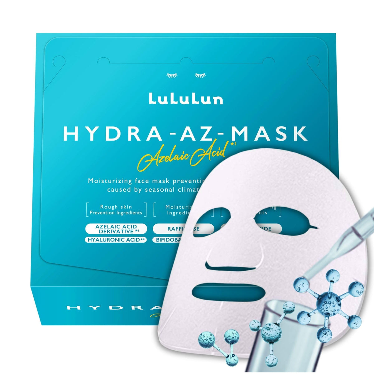Lululun hydrating face mask close-up, lasting moisture for sensitive skin.