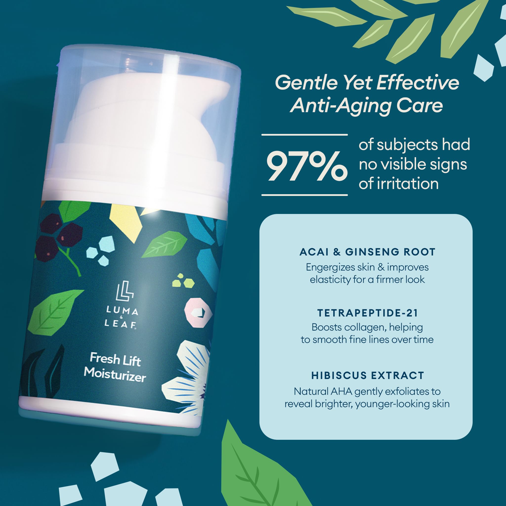 LUMA & LEAF hibiscus focus image highlights a tightened texture for smoother skin.